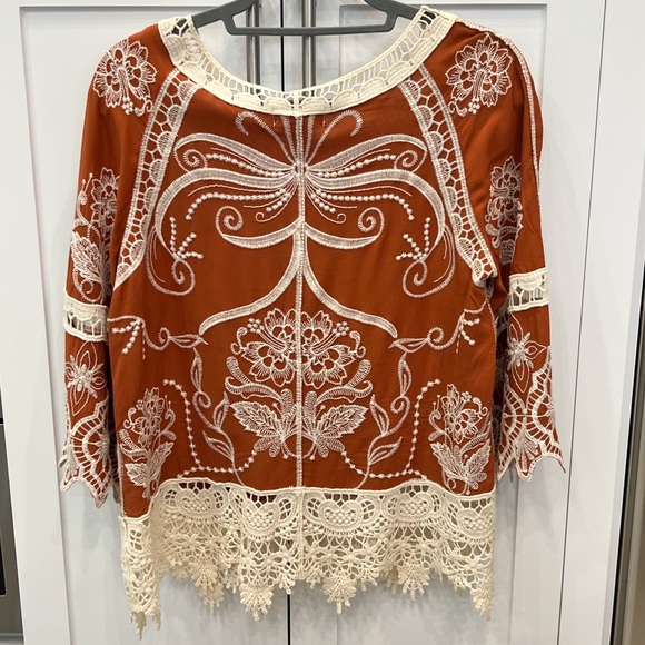 Ania A. Burnt Orange Scalloped Bell Sleeve Embroidered BOHO Top - Picture 9 of 10